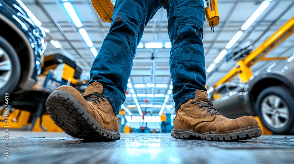 Close-Up View of Worker in Safety Boots in Modern Workshop Environment Close-Up View of Worker in Safety Boots in Modern Workshop Environment