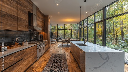 Modern kitchen with hardwood floors, walnut cabinets, and large windows overlooking autumn trees.