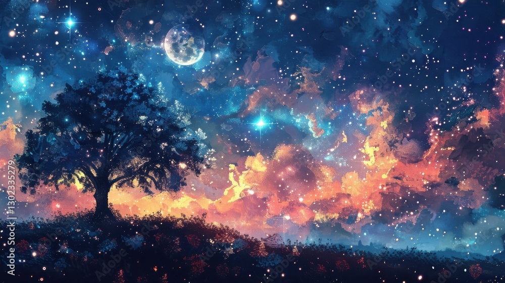 Obraz premium Ethereal Landscape with Tree, Stars, and Colorful Clouds Reflecting the States of Mind Expressed in Dreams
