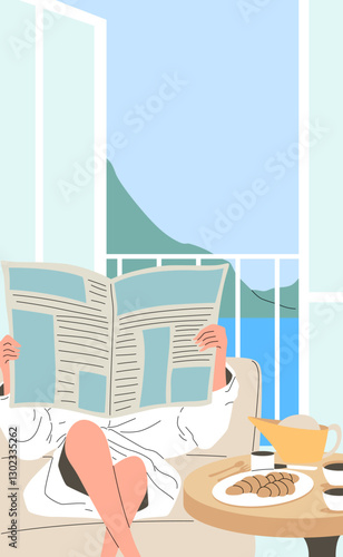 A person reading a newspaper in a luxurious room with a view