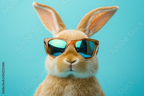 Bunny in sunglasses against a blue backdrop shows playful Easter spirit.