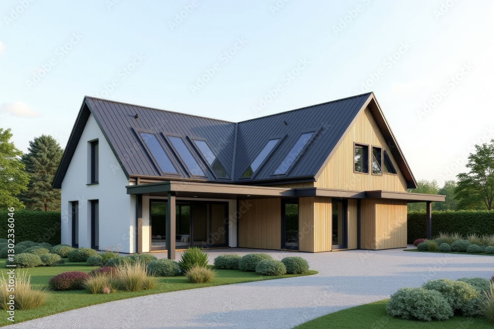 A Modern Sustainable house with sleek solar panels integrated into a flat roof, framed by minimalist landscaping. A Modern Sustainable house with sleek solar panels integrated into a flat roof, framed by minimalist landscaping.