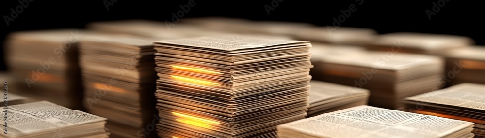 Documenting news events stacks of newspapers in an editorial office print media dark environment close-up viewpoint