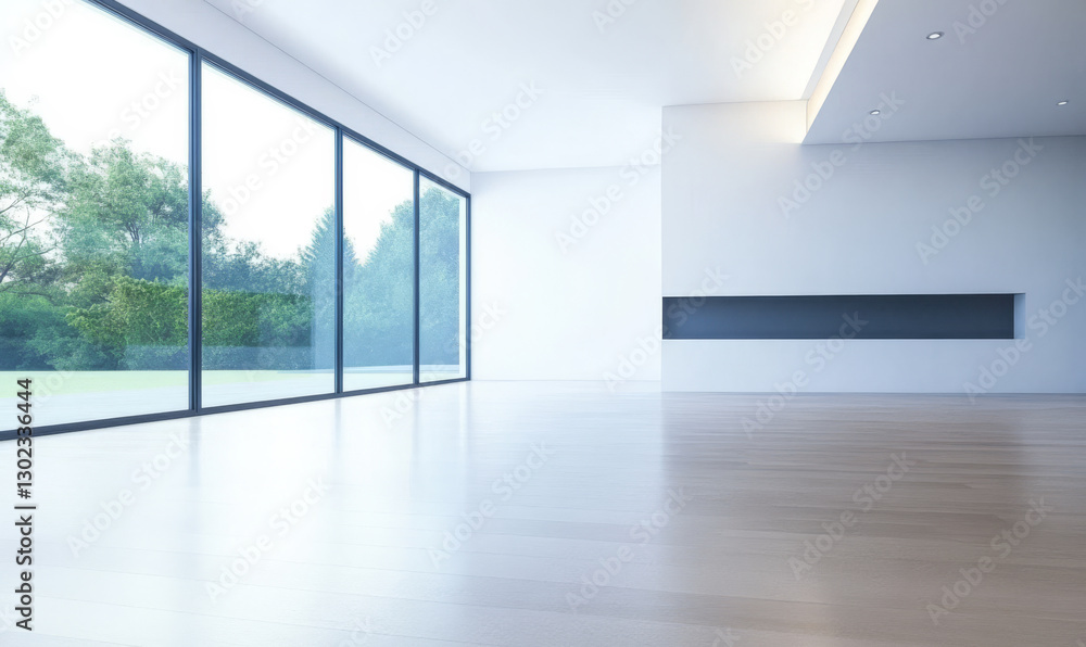 Fototapeta premium Open modern interior space with large windows showcasing greenery outside
