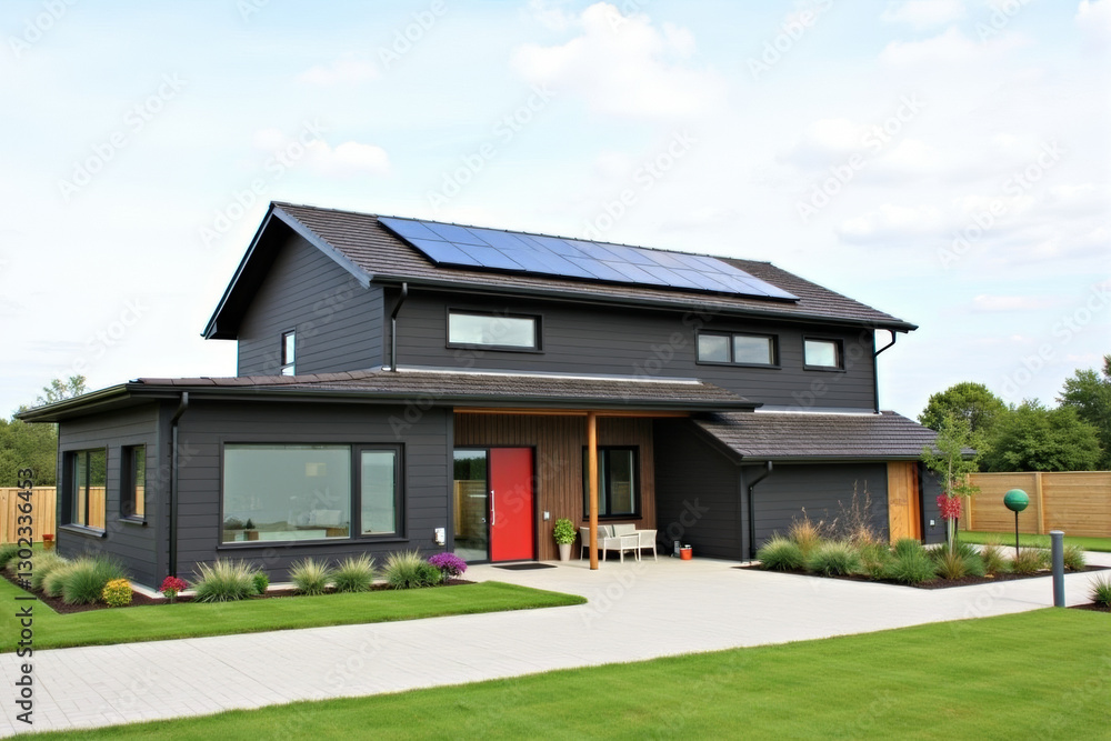 A Modern Sustainable house with sleek solar panels integrated into a flat roof, framed by minimalist landscaping. A Modern Sustainable house with sleek solar panels integrated into a flat roof, framed by minimalist landscaping.