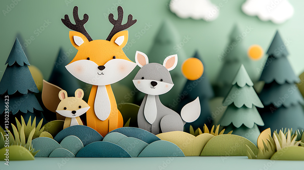 Whimsical woodland animals papercut scene enchanted forest art display creative environment close-up view nature concept Whimsical woodland animals papercut scene enchanted forest art display creative environment close-up view nature concept