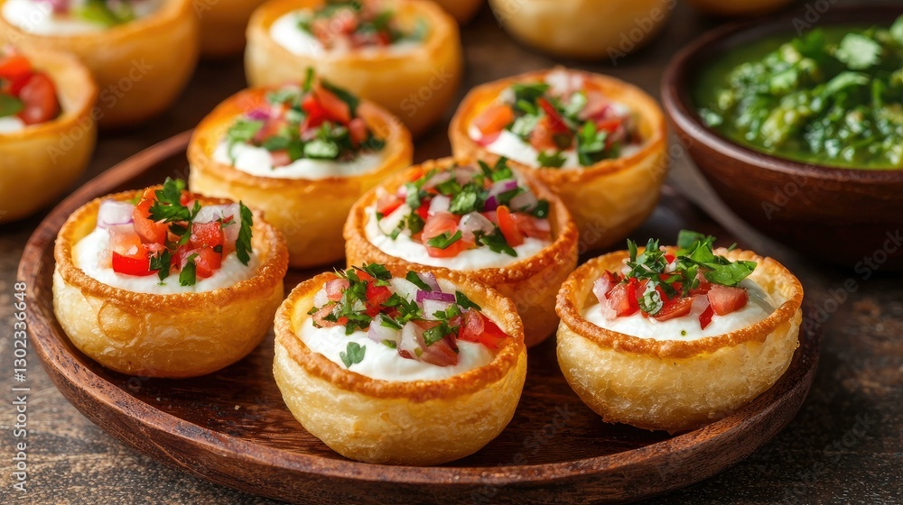 Delightful Indian snack platter featuring crispy tart shells filled with fresh vegetables, creamy yogurt, and herbs, served with a tangy green chutney on a wooden table, perfect for sharing.