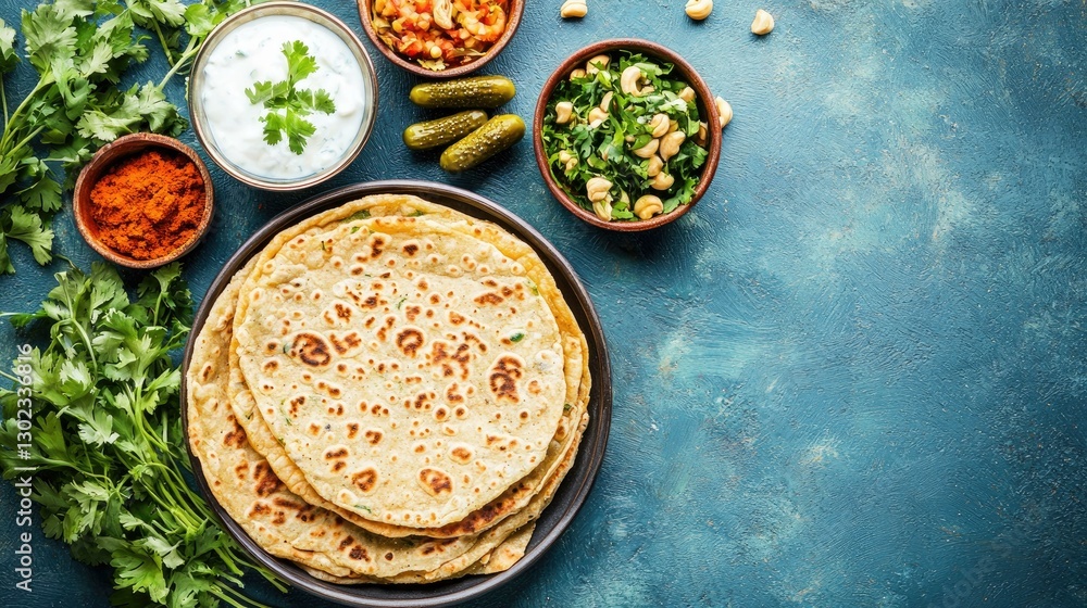 A vibrant Indian food spread featuring freshly made flatbreads, assorted side dishes, and garnishes on a textured blue background, perfect for showcasing the rich culinary heritage of India.