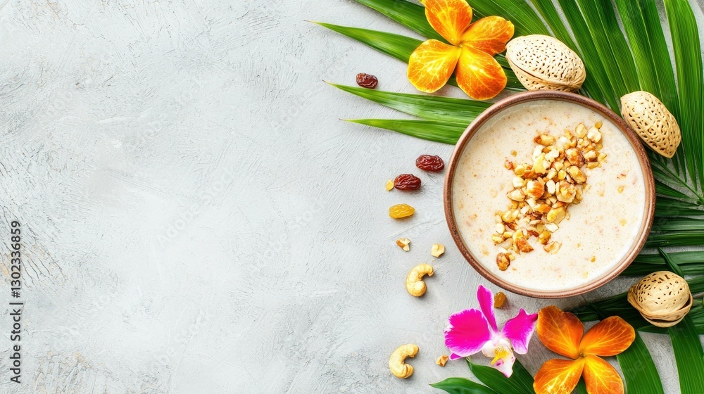 Delicious Payasam Decorated with Nuts and Raisins: A Traditional Indian Dessert Surrounded by Vibrant Flowers and Greenery, Perfect for Celebrations and Festive Occasions.