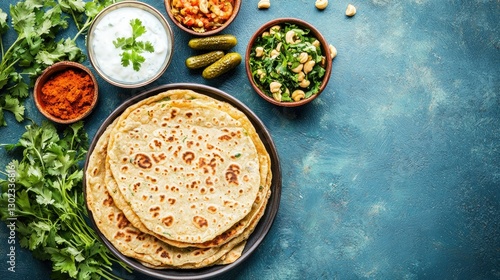 Obraz na płótnie A vibrant Indian food spread featuring freshly made flatbreads, assorted side dishes, and garnishes on a textured blue background, perfect for showcasing the rich culinary heritage of India. w salonie