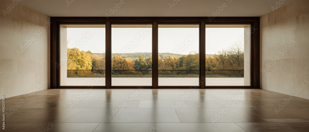 Fototapeta premium Modern interior with large windows showcasing autumn landscape in golden light