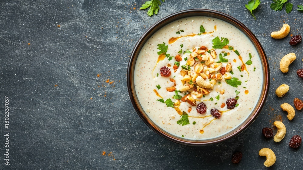 Indulge in the rich and creamy delight of Payasam, a traditional Indian dessert made with rice, milk, sugar, nuts, and raisins, perfect for festivals and special occasions.