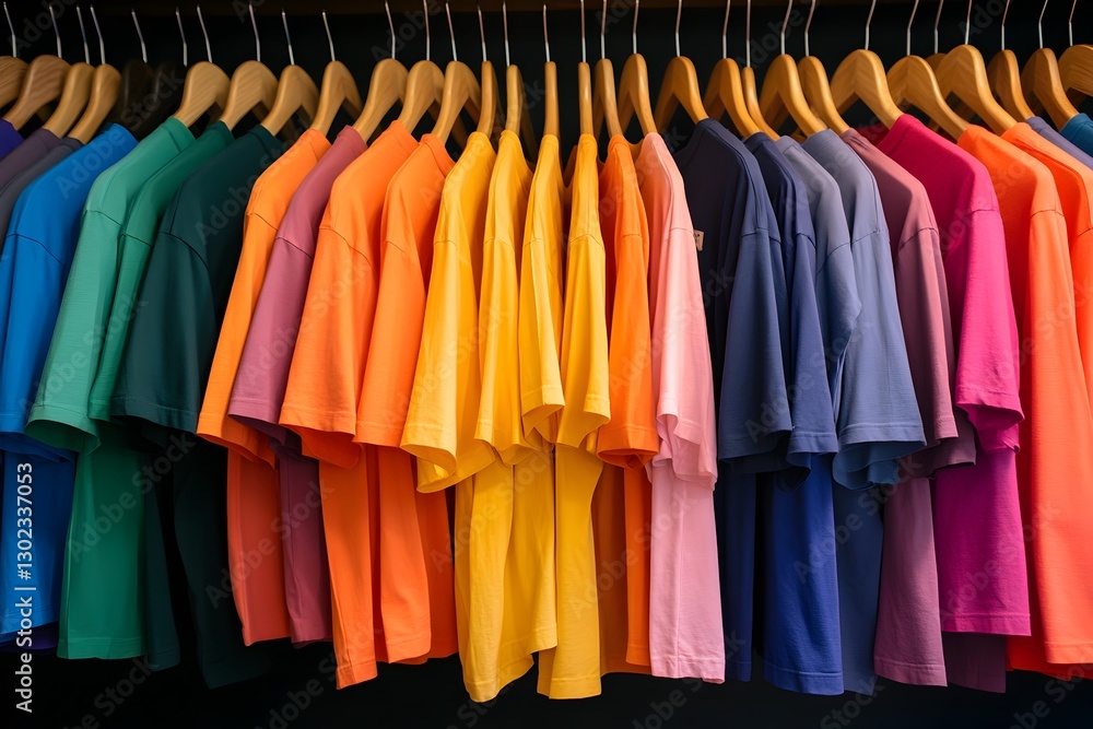 Vibrant display of colorful shirts hanging artistically on a wall in a fashion boutique Vibrant display of colorful shirts hanging artistically on a wall in a fashion boutique