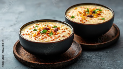 A Delightful Serving of Payasam, a Traditional Indian Dessert Made with Rice, Milk, and Garnished with Nuts and Raisins, Perfect for Celebrations and Festivals.