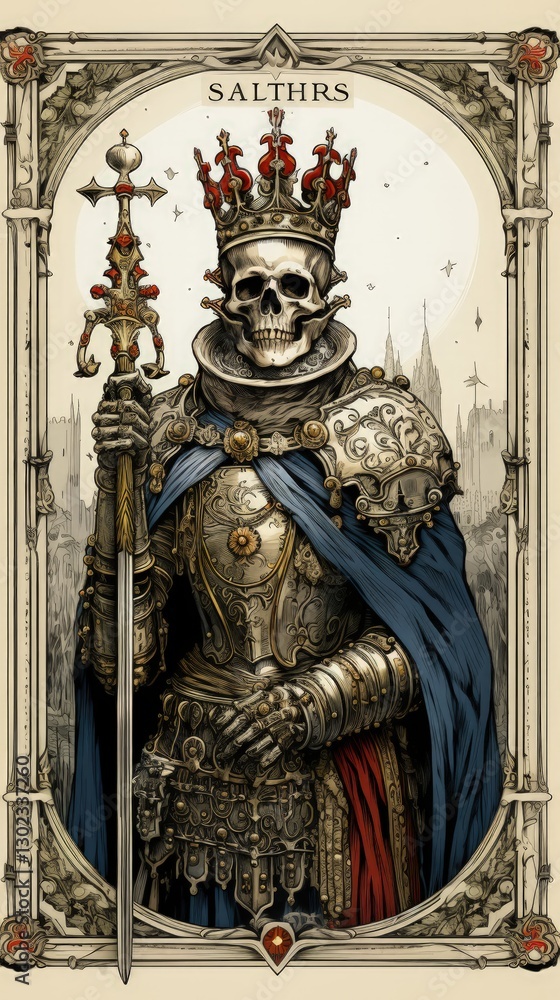 Fototapeta premium Dark Occult Tarot Card Featuring a Skeleton in Armor