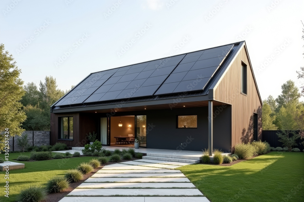 A Modern Sustainable house with sleek solar panels integrated into a flat roof, framed by minimalist landscaping.