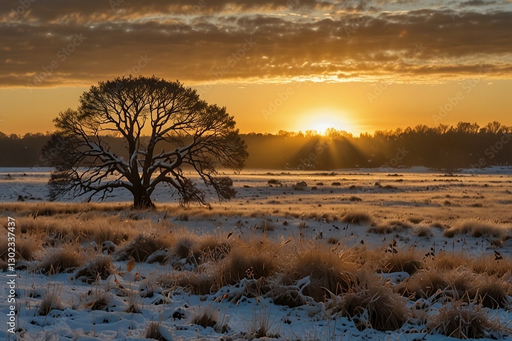 A winter sunrise casting a golden glow over a white meadow. A winter sunrise casting a golden glow over a white meadow.