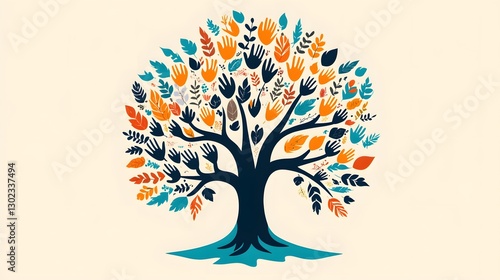Vector-style minimal composition of hands forming a tree, symbolizing family growth and connection
