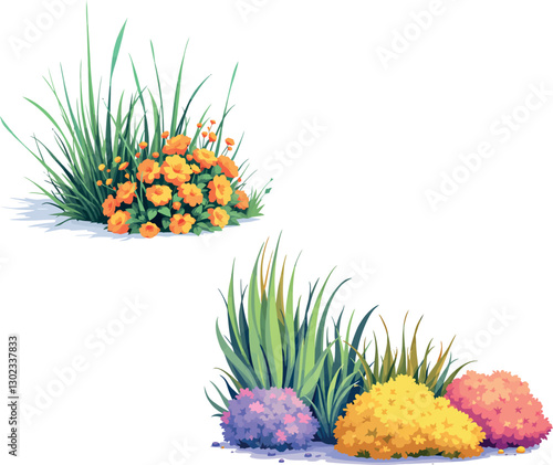 Lush flower bed with vibrant orange and yellow blossoms and green grass