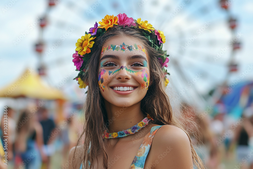 Fototapeta premium Festival-goer standing in front of a Ferris wheel, radiating happiness and energy.