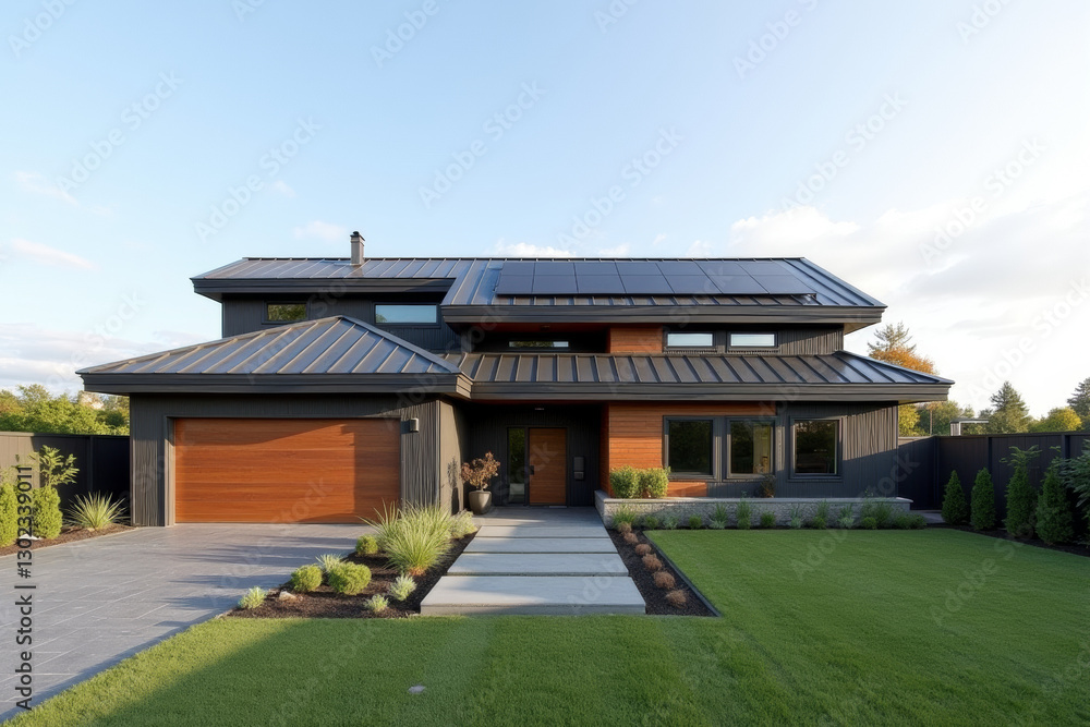 A Modern Sustainable house with sleek solar panels integrated into a flat roof, framed by minimalist landscaping. A Modern Sustainable house with sleek solar panels integrated into a flat roof, framed by minimalist landscaping.