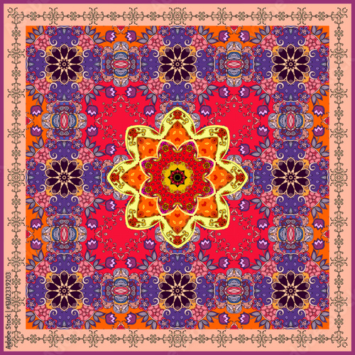A delightful pattern with a mandala, stylized daisies and tulips on a bright crimson background for a carpet, scarf, pillowcase, tablecloth.