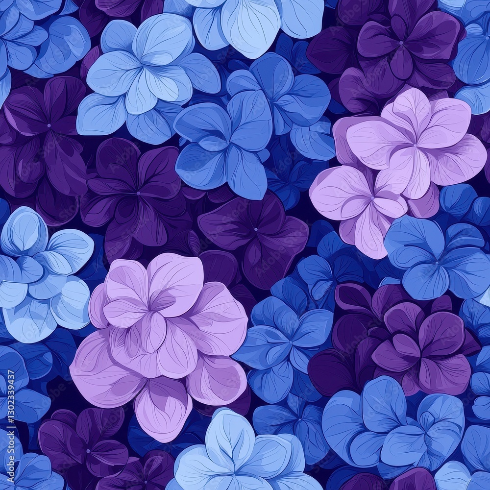 A vibrant pattern of blue and purple flowers, featuring various shades and sizes, creating a visually stunning floral design. A vibrant pattern of blue and purple flowers, featuring various shades and sizes, creating a visually stunning floral design.