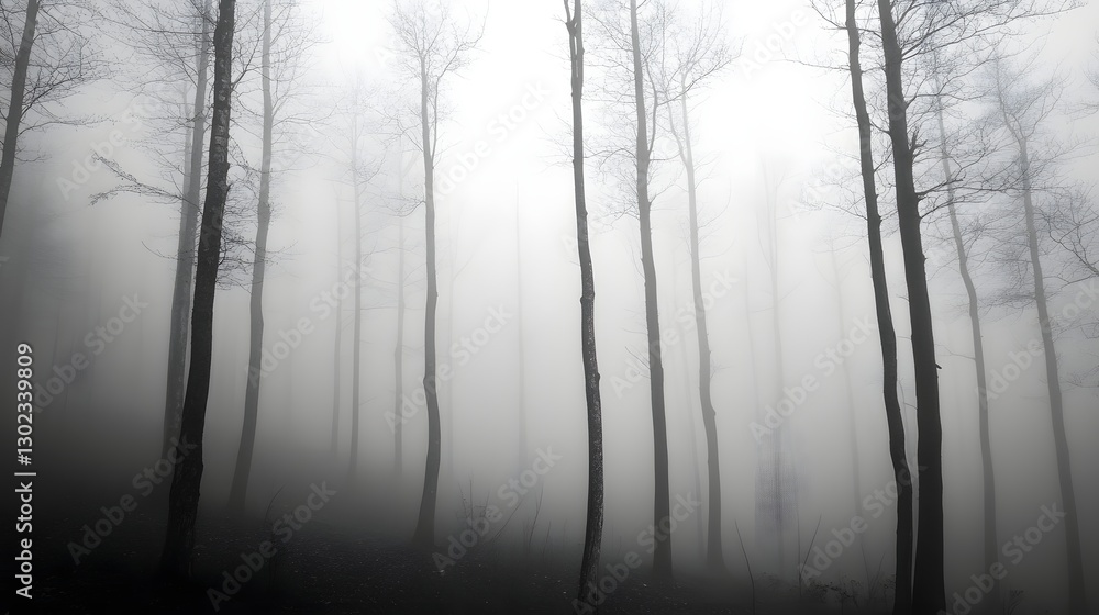Foggy forest scene in grayscale, with tall, bare trees fading into the mist, creating a sense of depth and mystery Foggy forest scene in grayscale, with tall, bare trees fading into the mist, creating a sense of depth and mystery