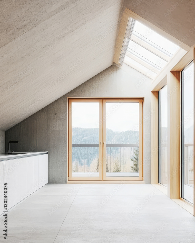 Obraz premium Modern kitchen with large windows and mountain view during daytime