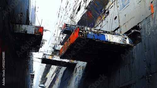 Fototapeta Naklejka Na Ścianę i Meble -  Abandoned ship,  repair dock,  industrial scene,  shipyard view;  possible use in futuristic, art deco, or post-apocalyptic designs