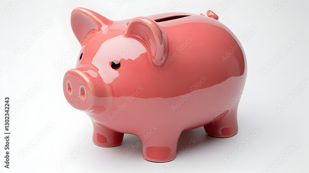 A cute pink pig piggy bank sitting on a table with a cheerful expression A cute pink pig piggy bank sitting on a table with a cheerful expression