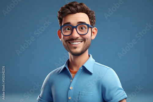Cartoon man with glasses smiling brightly against a serene blue backdrop, exuding positivity.