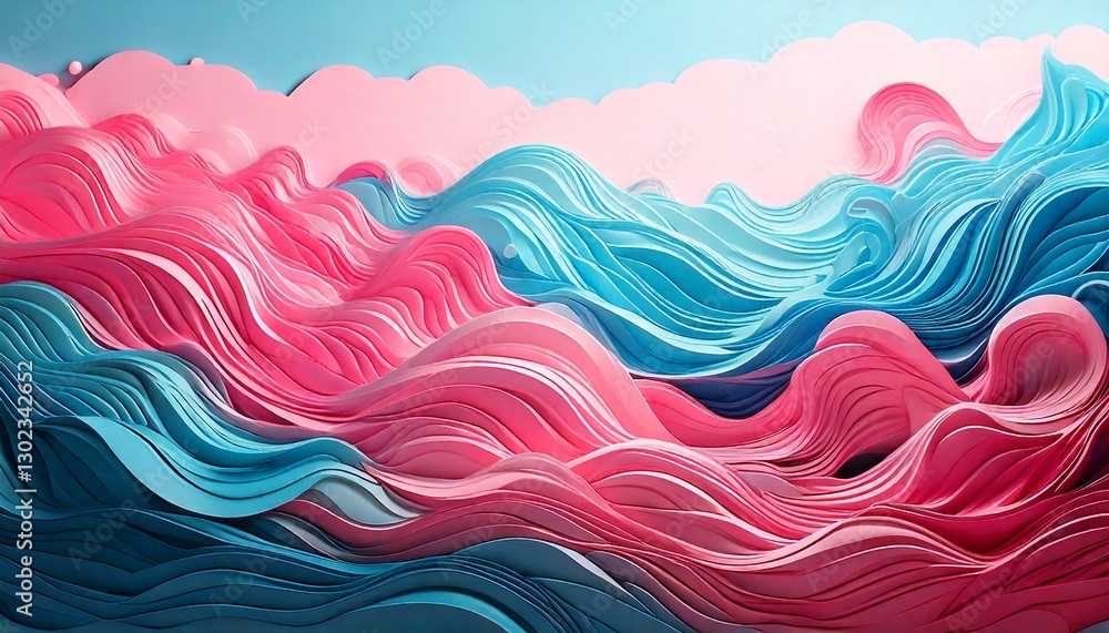 Soft pink and baby blue abstract waves with bold, 3D-styled typography. Soft pink and baby blue abstract waves with bold, 3D-styled typography.