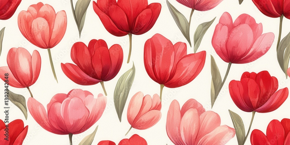 A vibrant pattern featuring various red and pink tulips with green leaves, set against a light background, creating a cheerful floral ambiance. A vibrant pattern featuring various red and pink tulips with green leaves, set against a light background, creating a cheerful floral ambiance.
