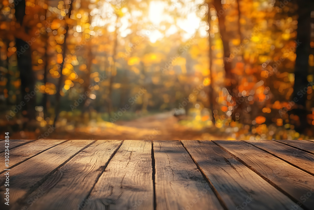 Autumn serenity, A wooden platform offers a serene viewpoint into the autumnal forest, with sunlight gently filtering through the colorful foliage, creating a warm atmosphere Autumn serenity, A wooden platform offers a serene viewpoint into the autumnal forest, with sunlight gently filtering through the colorful foliage, creating a warm atmosphere