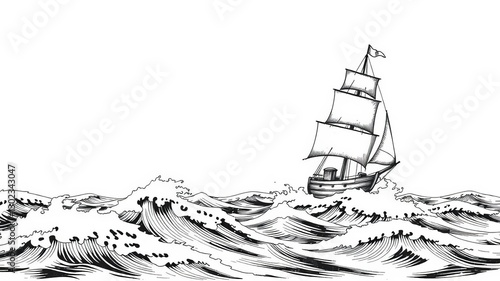 Vector illustration of an antique sailing ship gliding through choppy waves in a vintage engraving style, nautical, water transport