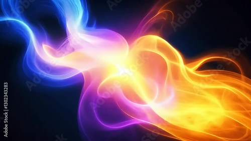 Vibrant Abstract VDO with Swirling Blue and Orange Flames Creating Dynamic and Energetic Visual Effect Against Dark Background, Featuring Captivating and Fluid Design with Seamless Blend of Colors