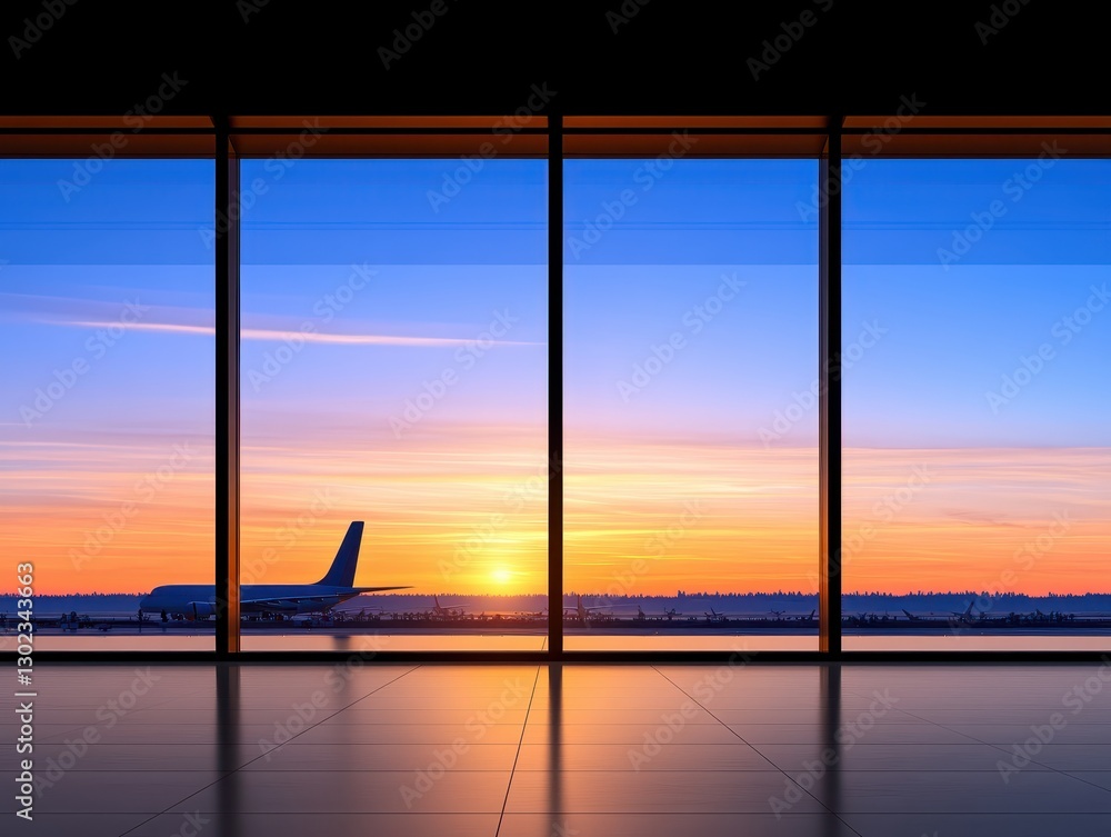 Fototapeta premium Serene sunset view from airport terminal with airplane silhouetted against horizon