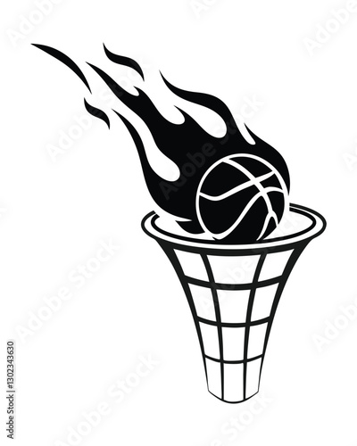 Flaming Basketball Entering Hoop – Black and White Vector