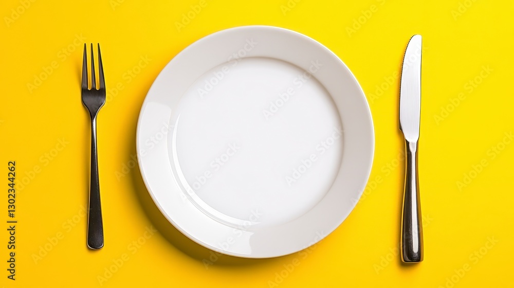 Overhead View of Minimalist Table Setting with White Plate, Fork, and Knife on Yellow Background