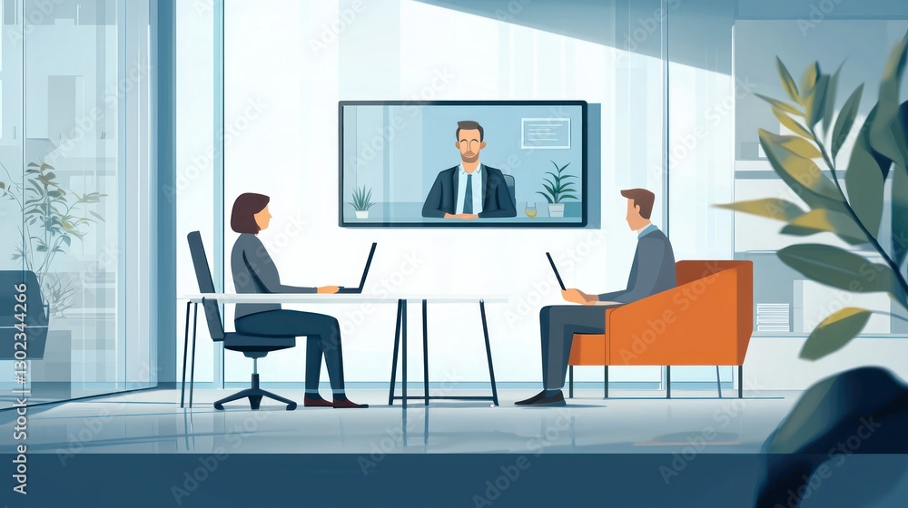 Virtual interview setup showcasing a candidate and interviewer in separate locations, connected through a video platform Virtual interview setup showcasing a candidate and interviewer in separate locations, connected through a video platform