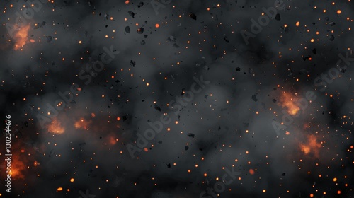 Abstract smoky background with floating ashes, glowing embers and fire sparks