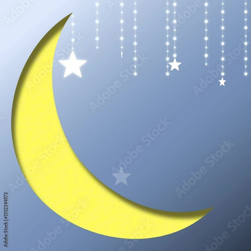 Crescent and Stars flip Animated Decorative Design Elements. Paper cut style crescent blue background. Motion Animation for Muslim holidays. Ramadan Kareem and Bedtime concept.