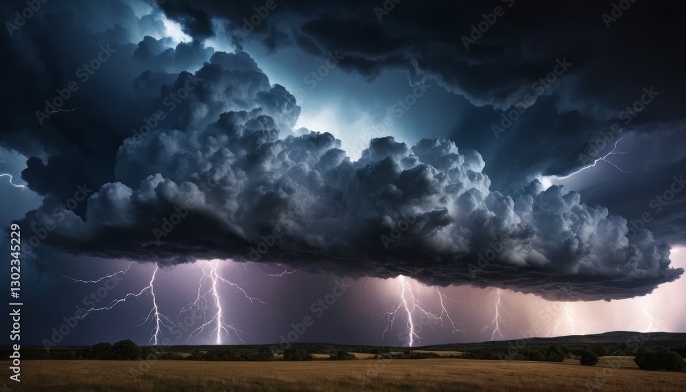 Dramatic Lightning Storm Over Field with Dark Clouds Dramatic Lightning Storm Over Field with Dark Clouds