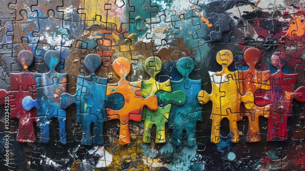Fototapeta premium Colorful Puzzle People Representing Diverse States of Mind and Connection in a Creative Artistic Background