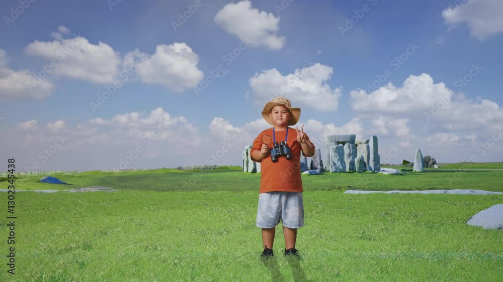 Asian Boy With A Hat And Binoculars Using The Magnifying Glass Then Showing Peace Gesture While Traveling In Stonehenge. Boy Researcher Examines Something, Travel Tourism Adventure, Full Body Asian Boy With A Hat And Binoculars Using The Magnifying Glass Then Showing Peace Gesture While Traveling In Stonehenge. Boy Researcher Examines Something, Travel Tourism Adventure, Full Body