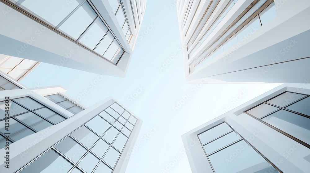 Obraz premium Modern architectural skyscrapers with glass facades reaching into the clear blue sky.