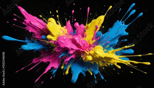 Vibrant Cmyk Paint Splash Explosion on Black Background