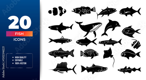 Fish icon set. aquatic animals with various fins, scales, tails and gills swimming in water. vector