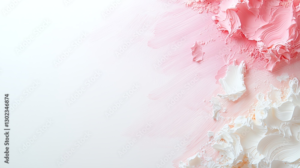 Fototapeta premium Soft pastel paint texture on white background, blending pink and white tones, ideal for creative projects.